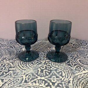 Tiara Kings Crown Thumprint Riviera Blue Indiana Glass Wine Goblets Qty 2